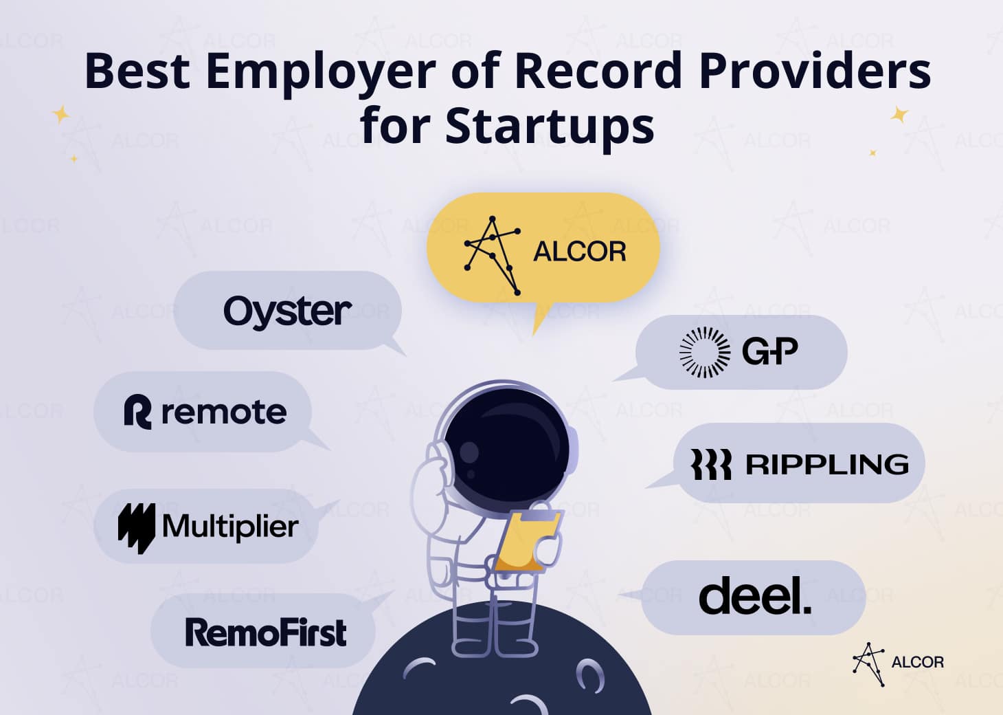 Best EOR providers for startups: Alcor, Deel, Remote, RemoFirst, Oyster, Multiplier, Rippling, G-P.