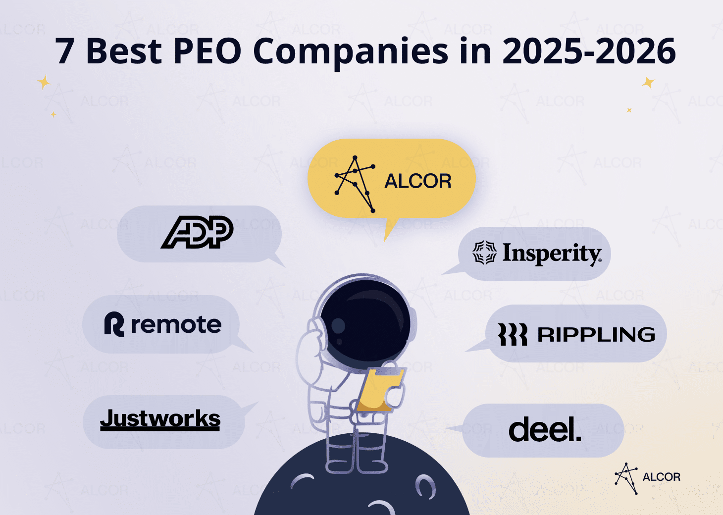 Best PEO companies in 2025-2026: Alcor, ADP TotalSource, Rippling, Insperity, Deel, Justworks, and Remote.